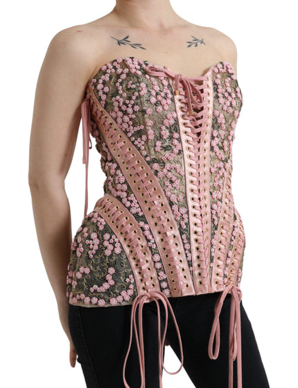 Dolce & Gabbana Pink Floral Applique Bustier Corset Top - Ellie Belle