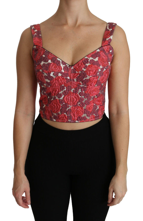 Dolce & Gabbana Pink Floral Brocade Cropped Blouse Tank Top