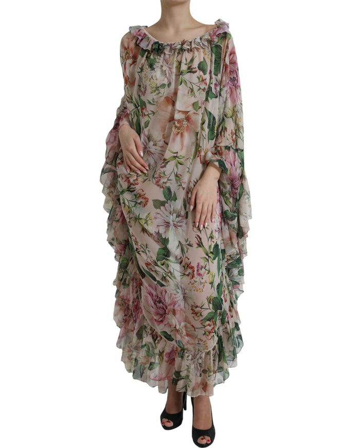 Dolce & Gabbana Pink Floral Chiffon Ruched Frilled Maxi Dress - Ellie Belle