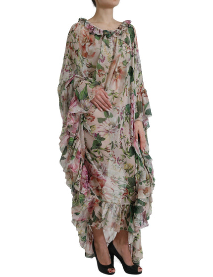 Dolce & Gabbana Pink Floral Chiffon Ruched Frilled Maxi Dress - Ellie Belle