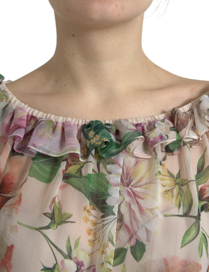 Dolce & Gabbana Pink Floral Chiffon Ruched Frilled Maxi Dress - Ellie Belle