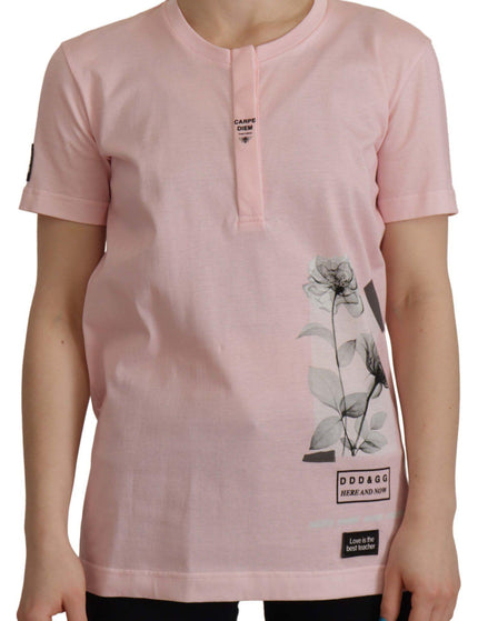 Dolce & Gabbana Pink Floral Cotton Henley Cotton T-shirt - Ellie Belle