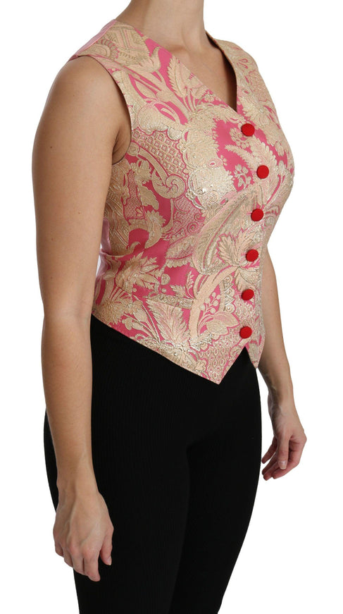 Dolce & Gabbana Pink Gold Brocade Waistcoat Vest Blouse Top