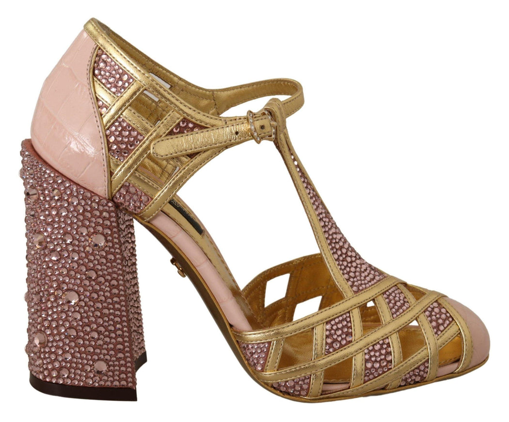 Dolce & Gabbana Pink Gold Leather Crystal Pumps T-strap Shoes - Ellie Belle