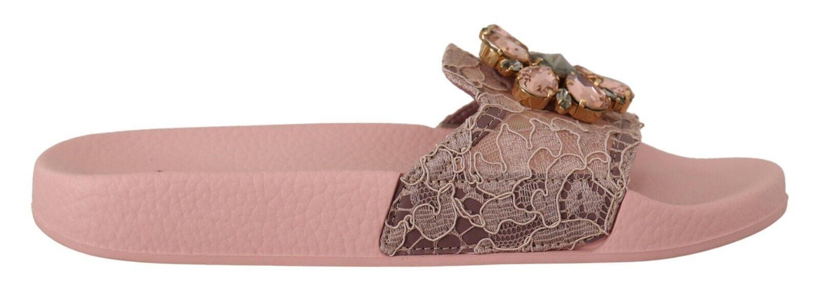 Dolce & Gabbana Pink Lace Crystal Sandals Slides Beach Shoes - Ellie Belle