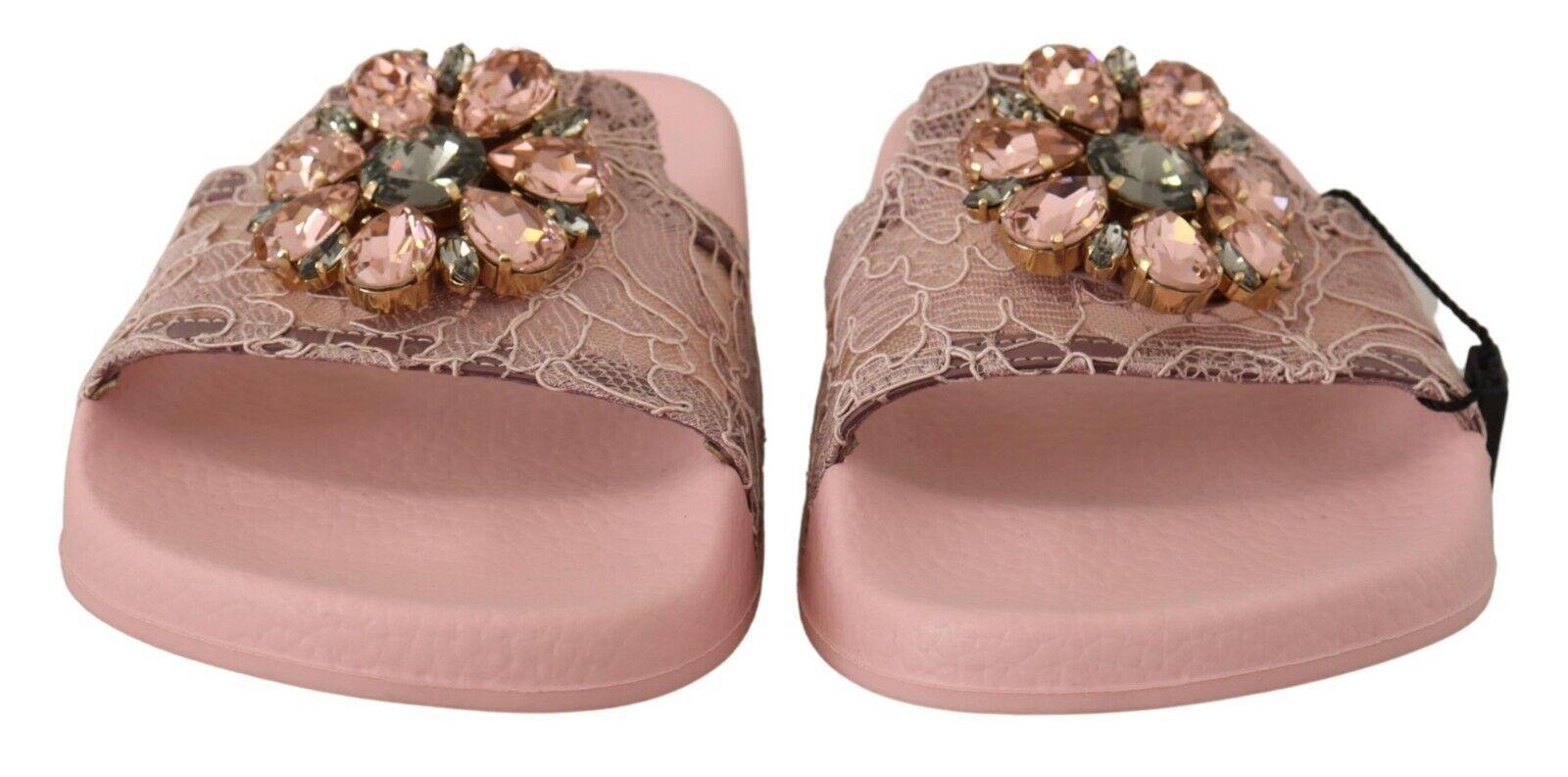 Dolce & Gabbana Pink Lace Crystal Sandals Slides Beach Shoes - Ellie Belle