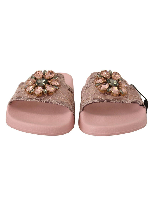 Dolce & Gabbana Pink Lace Crystal Sandals Slides Beach Shoes - Ellie Belle