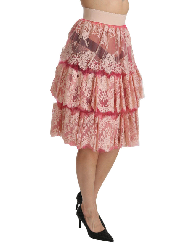 Dolce & Gabbana Pink Lace Layered High Waist Knee Length Skirt - Ellie Belle