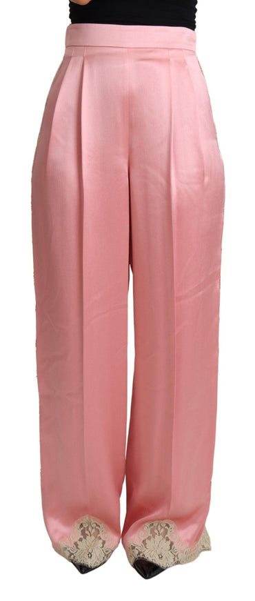 Dolce & Gabbana Pink Lace Trimmed Silk Satin Wide Legs Pants - Ellie Belle