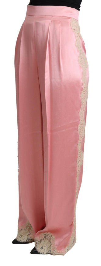 Dolce & Gabbana Pink Lace Trimmed Silk Satin Wide Legs Pants - Ellie Belle