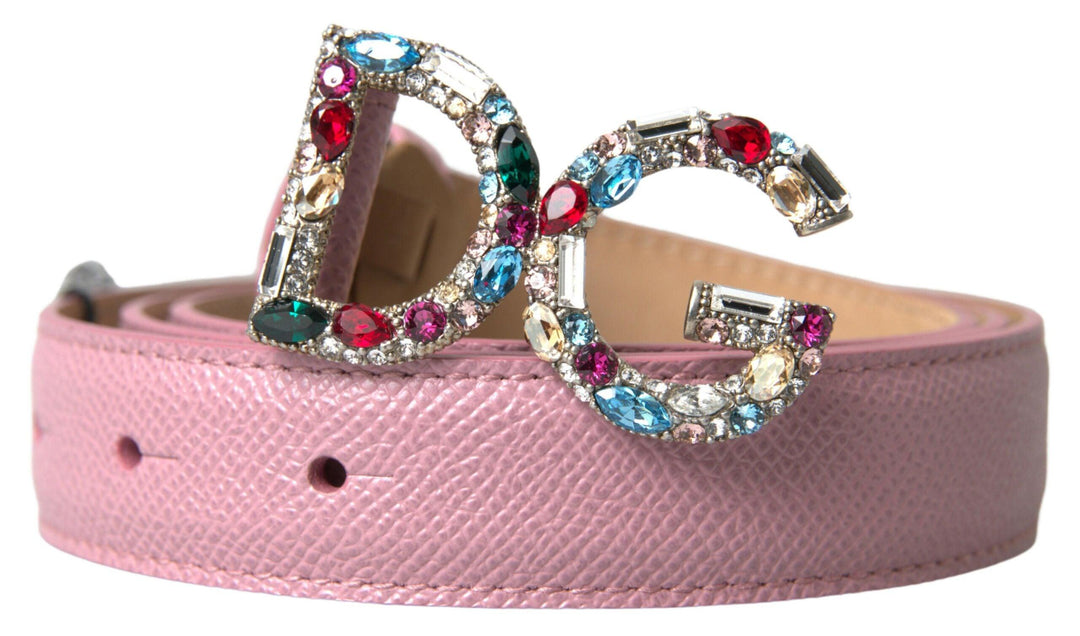 Dolce & Gabbana Pink Leather DG Crystal Buckle Cintura Belt - Ellie Belle