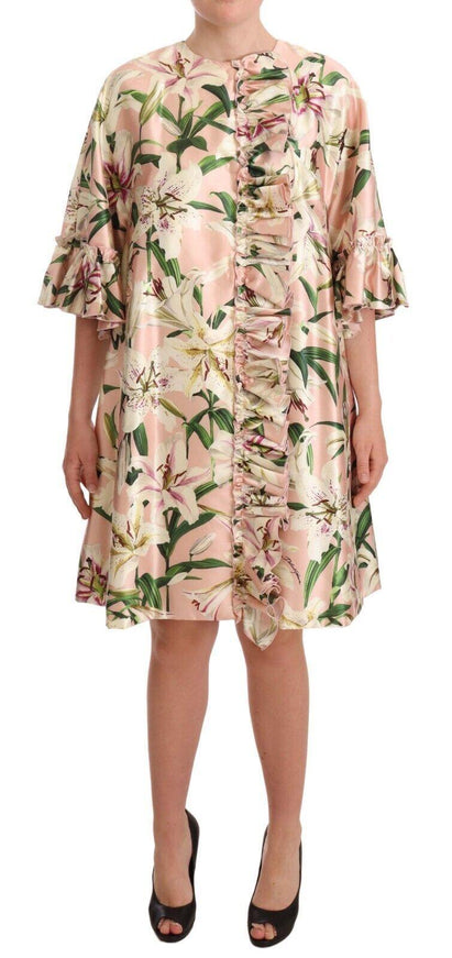 Dolce & Gabbana Pink Lily Print Ruffled Long Coat Silk Dress - Ellie Belle