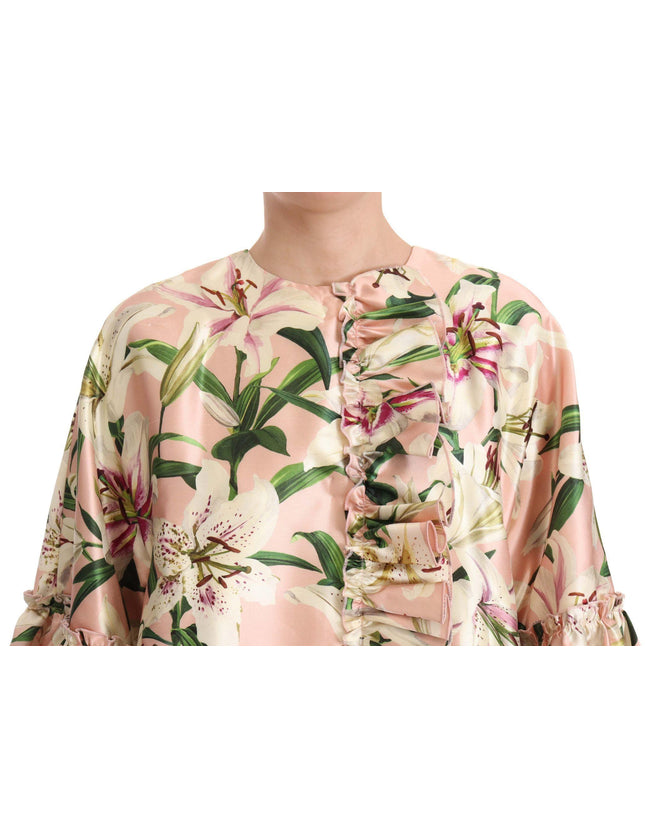 Dolce & Gabbana Pink Lily Print Ruffled Long Coat Silk Dress - Ellie Belle