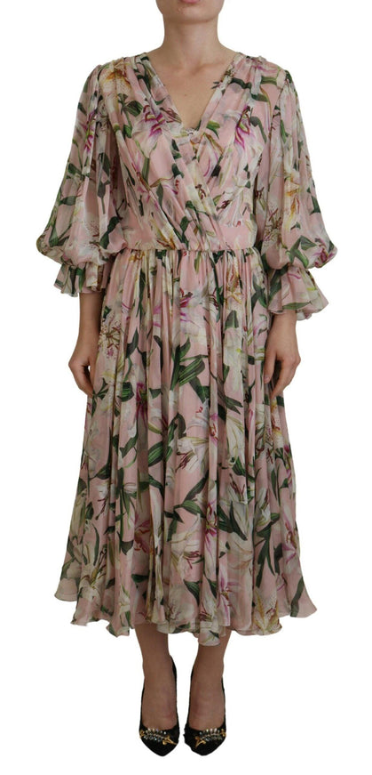 Dolce & Gabbana Pink Lily Print Silk A-line Pleated Maxi Dress - Ellie Belle