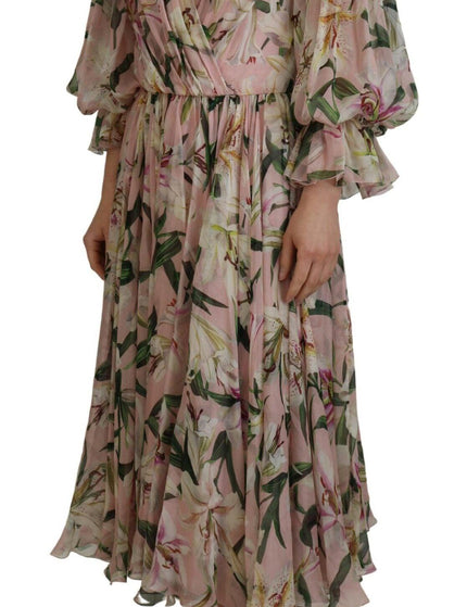 Dolce & Gabbana Pink Lily Print Silk A-line Pleated Maxi Dress - Ellie Belle