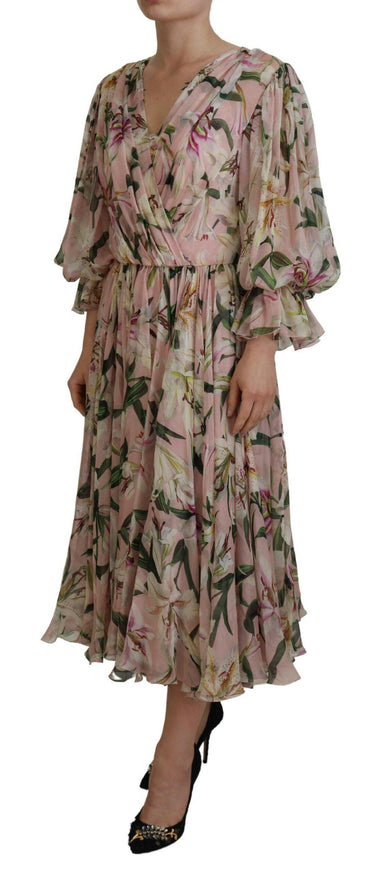 Dolce & Gabbana Pink Lily Print Silk A-line Pleated Maxi Dress - Ellie Belle