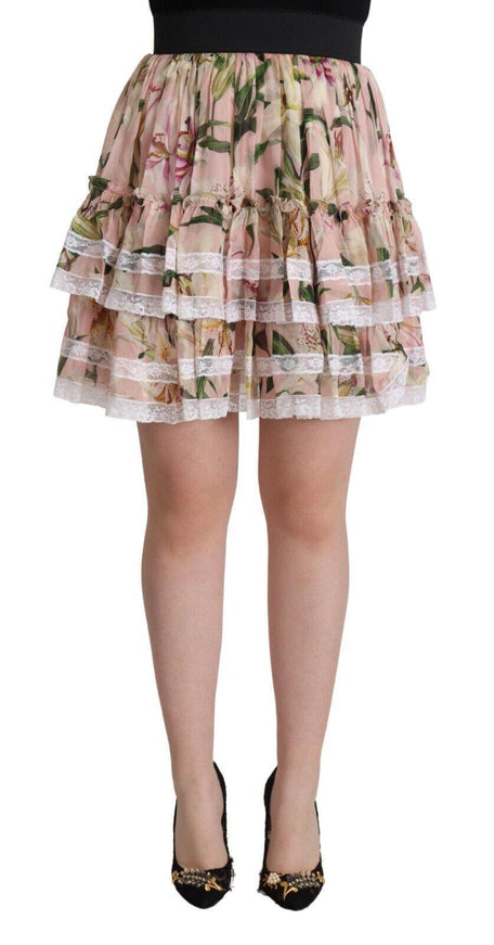 Dolce & Gabbana Pink Lily Print Silk Mini Tiered A-line Skirt - Ellie Belle