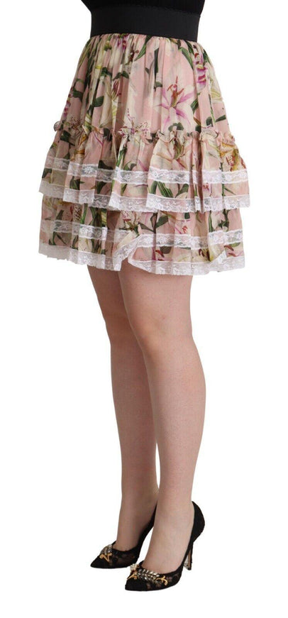 Dolce & Gabbana Pink Lily Print Silk Mini Tiered A-line Skirt - Ellie Belle