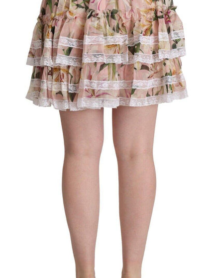 Dolce & Gabbana Pink Lily Print Silk Mini Tiered A-line Skirt - Ellie Belle
