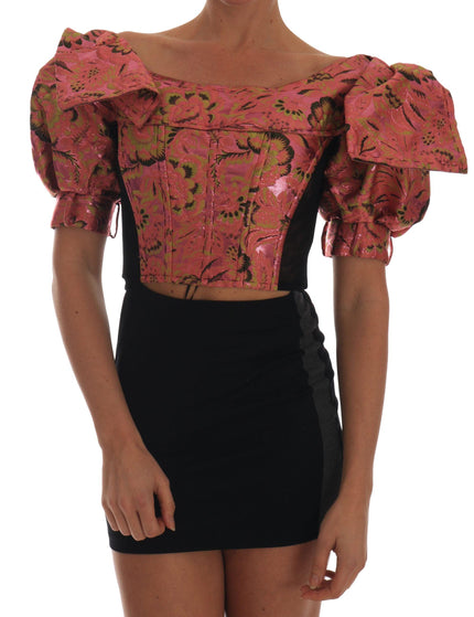 Dolce & Gabbana Pink Puff Sleeve Brocade Cropped Top - Ellie Belle
