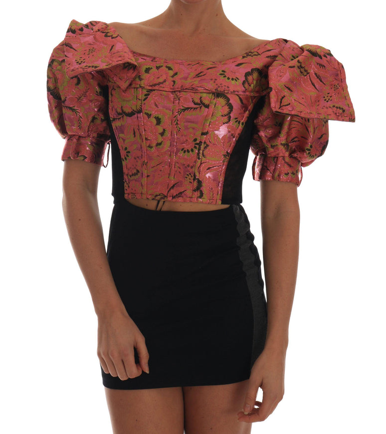 Dolce & Gabbana Pink Puff Sleeve Brocade Cropped Top - Ellie Belle