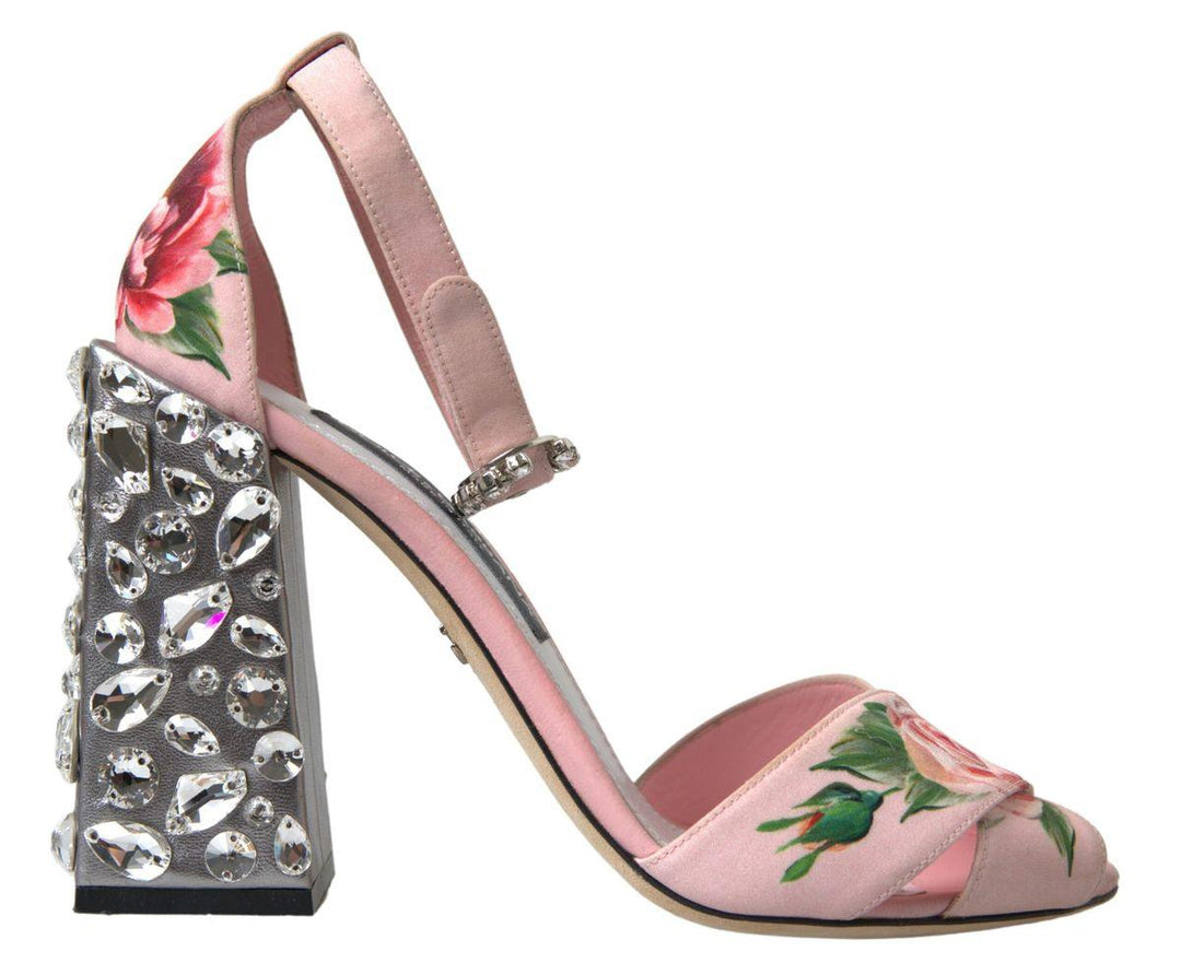 Dolce & Gabbana Pink Sandals Floral Bejeweled Block Heel Shoes - Ellie Belle