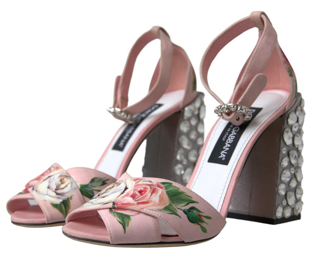 Dolce & Gabbana Pink Sandals Floral Bejeweled Block Heel Shoes - Ellie Belle