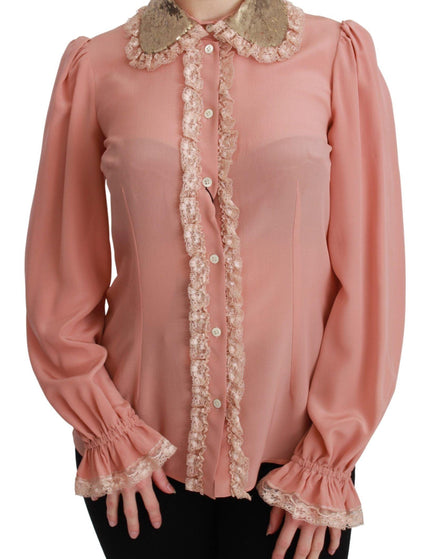 Dolce & Gabbana Pink Silk Gold Sequin Lace Blouse Shirt - Ellie Belle