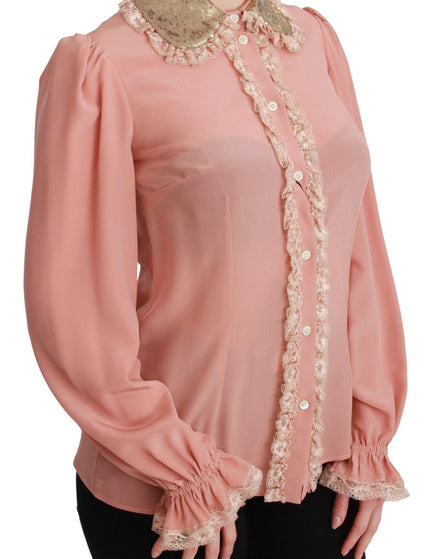 Dolce & Gabbana Pink Silk Gold Sequin Lace Blouse Shirt - Ellie Belle