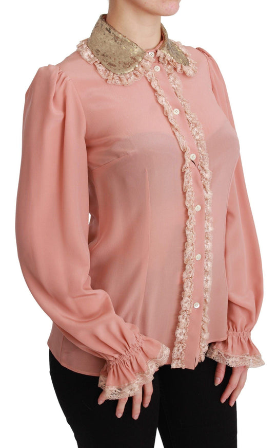 Dolce & Gabbana Pink Silk Gold Sequin Lace Blouse Shirt