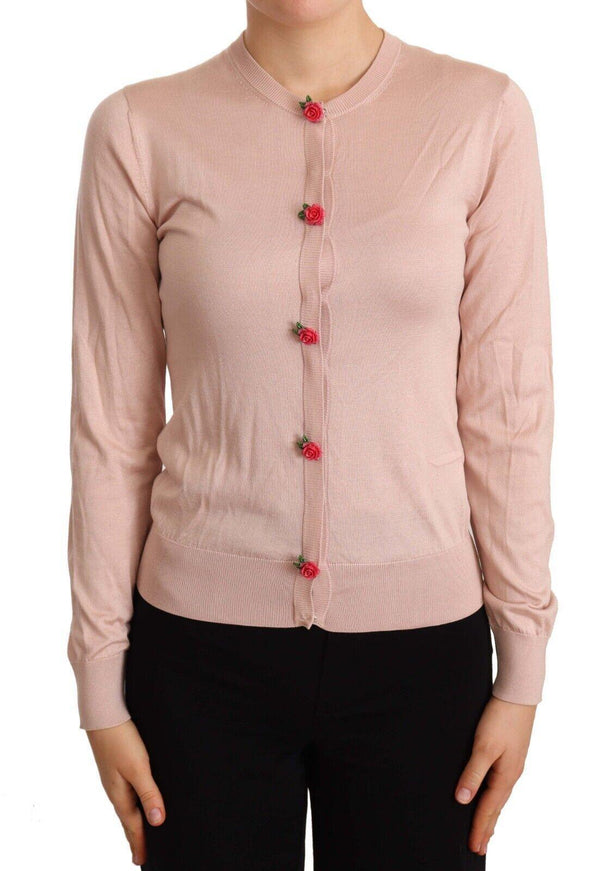 Dolce & Gabbana Pink Silk Knit Rose Button Cardigan Sweater - Ellie Belle