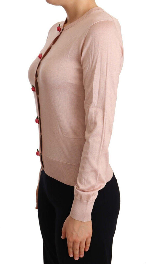 Dolce & Gabbana Pink Silk Knit Rose Button Cardigan Sweater - Ellie Belle