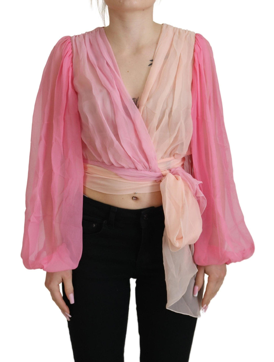 Dolce & Gabbana Pink Silk Wrap Long Sleeves Blouse Top - Ellie Belle