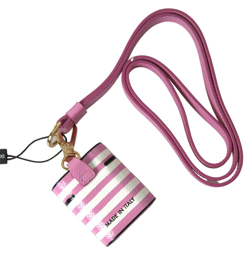 Dolce & Gabbana Pink Stripe Dauphine Leather Logo Print Strap Airpod Case - Ellie Belle