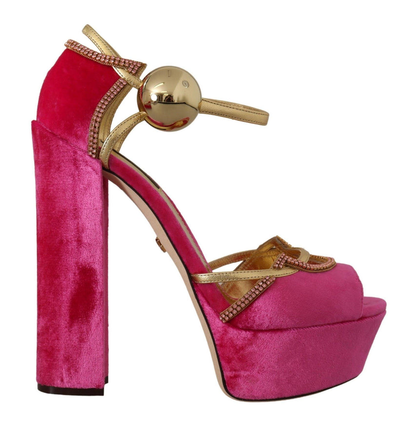 Dolce & Gabbana Pink Velvet Crystal Ankle Strap Sandals Shoes - Ellie Belle