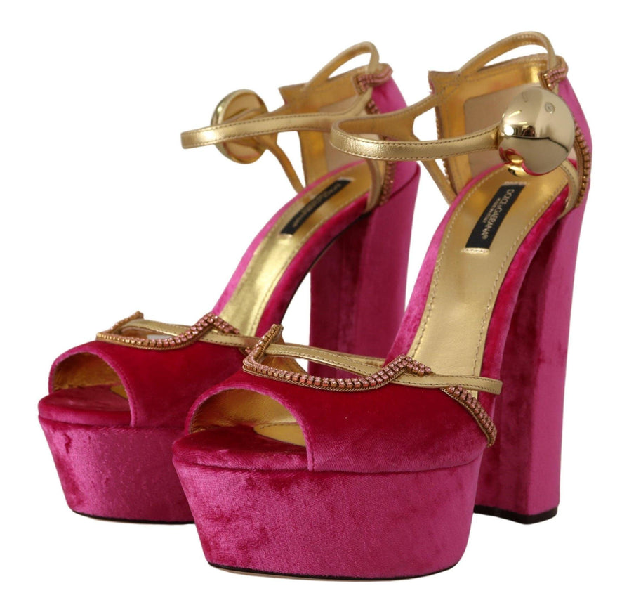 Dolce & Gabbana Pink Velvet Crystal Ankle Strap Sandals Shoes - Ellie Belle