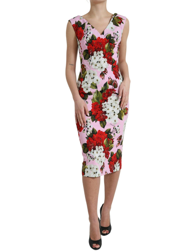 Dolce & Gabbana Pink Viscose Pink Floral V-neck Sheath Midi Dress - Ellie Belle