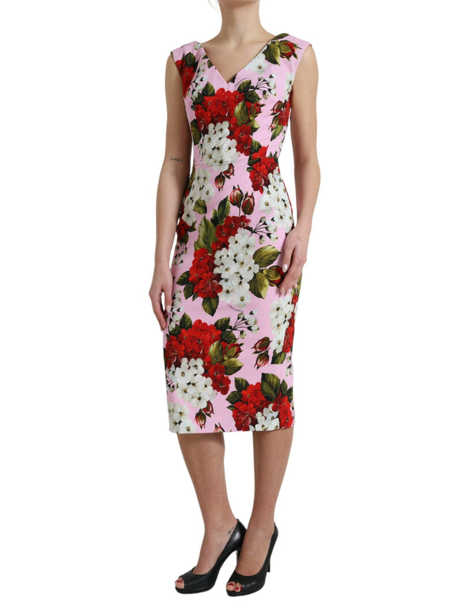 Dolce & Gabbana Pink Viscose Pink Floral V-neck Sheath Midi Dress - Ellie Belle