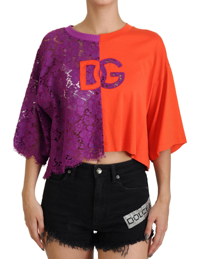 Dolce & Gabbana Purple Floral Lace Orange Cotton Cropped Top - Ellie Belle