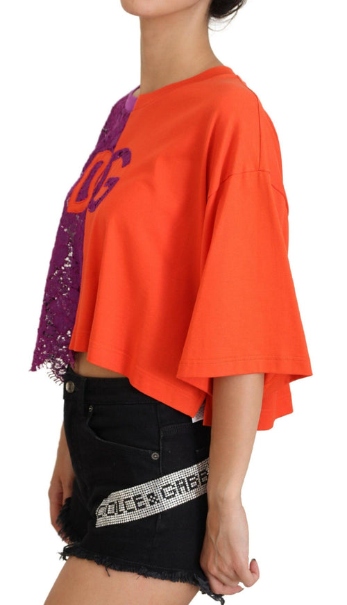 Dolce & Gabbana Purple Floral Lace Orange Cotton Cropped Top - Ellie Belle