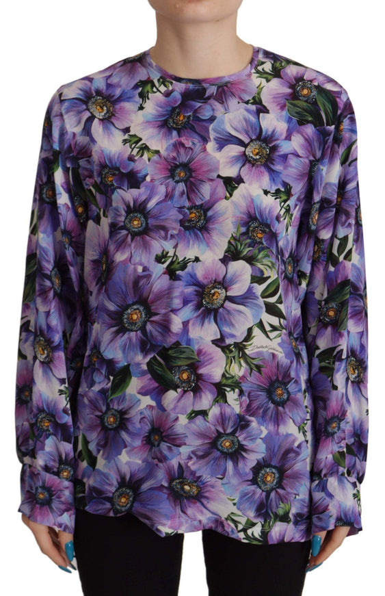 Dolce & Gabbana Purple Floral Silk Long Sleeve Top Blouse - Ellie Belle