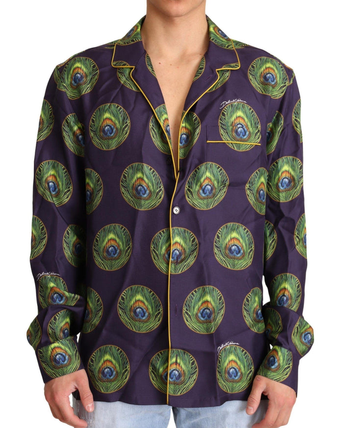 Dolce & Gabbana Purple Green Logo Silk Mens Top Shirt - Ellie Belle