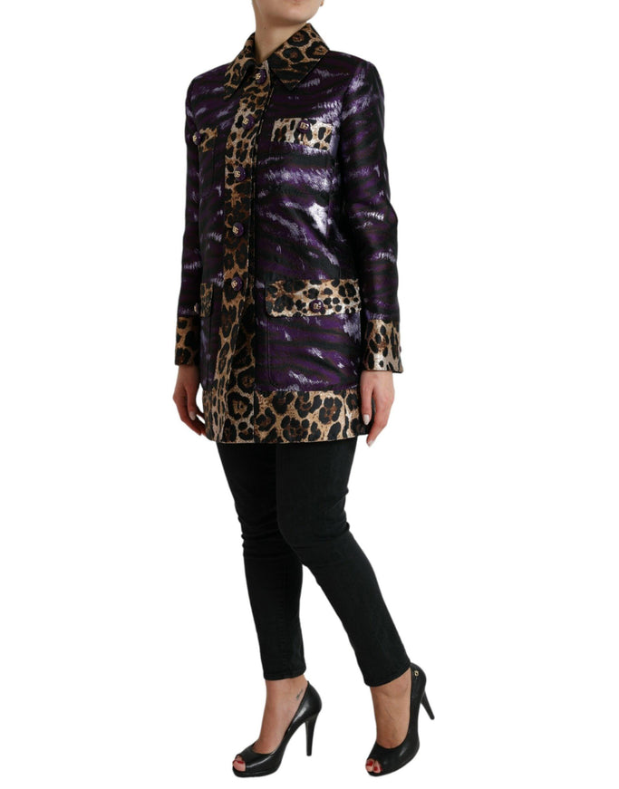 Dolce & Gabbana Purple Lamé Jacquard Tiger Print Coat Jacket - Ellie Belle