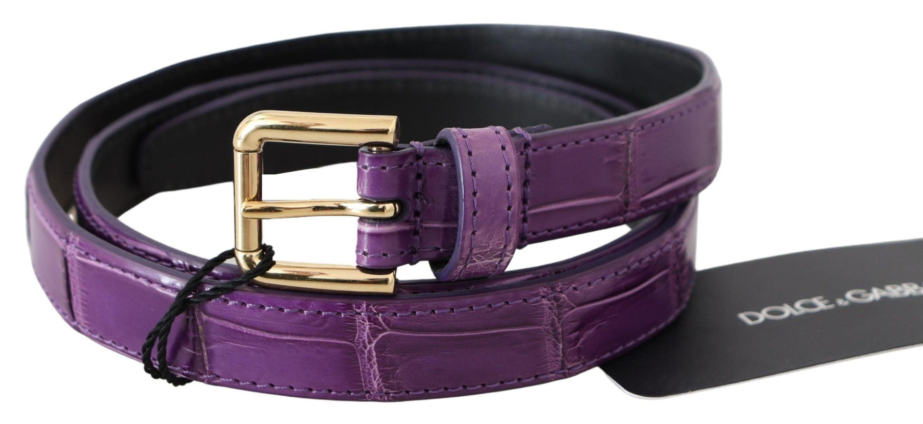 Dolce & Gabbana Purple Leather Gold Tone Buckle Crocodile Belt - Ellie Belle