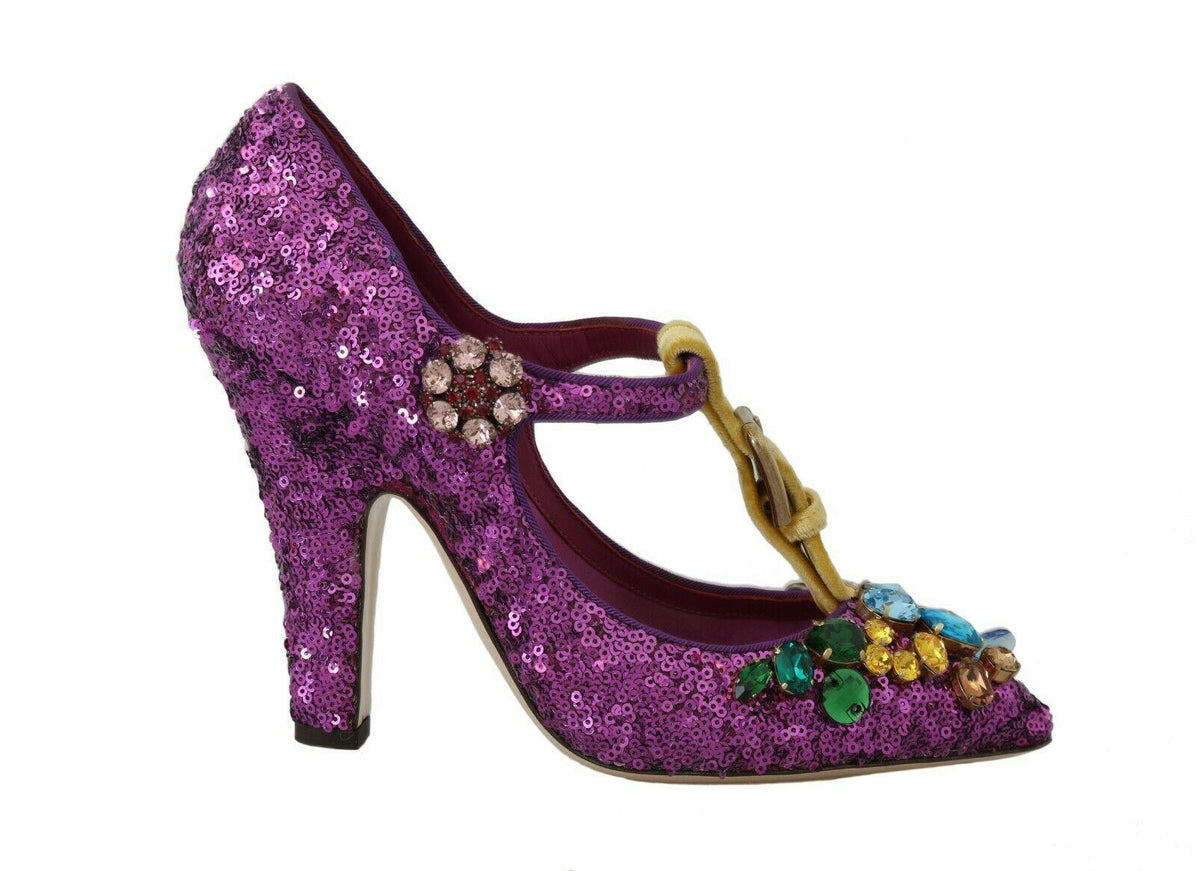 Dolce & Gabbana Purple Sequin Leather Crystal Sandal Shoes - Ellie Belle