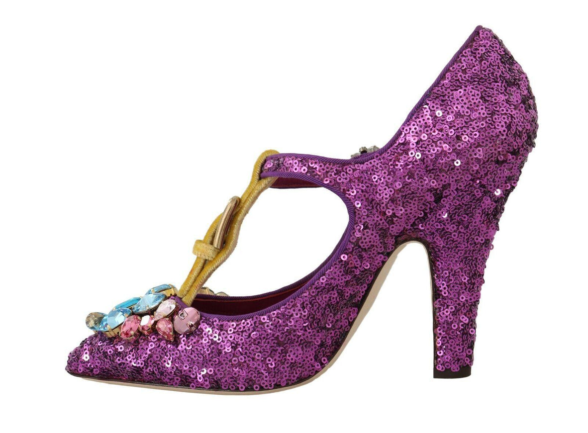 Dolce & Gabbana Purple Sequin Leather Crystal Sandal Shoes - Ellie Belle