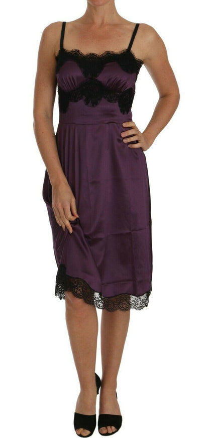 Dolce & Gabbana Purple Silk Stretch Black Lace A-Line Dress - Ellie Belle