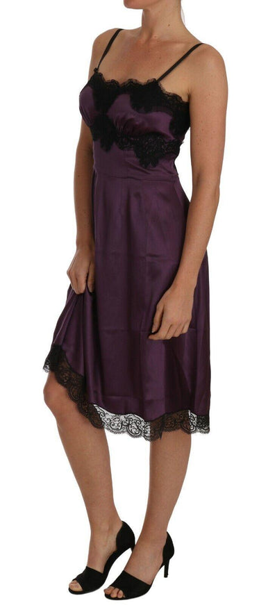 Dolce & Gabbana Purple Silk Stretch Black Lace A-Line Dress - Ellie Belle