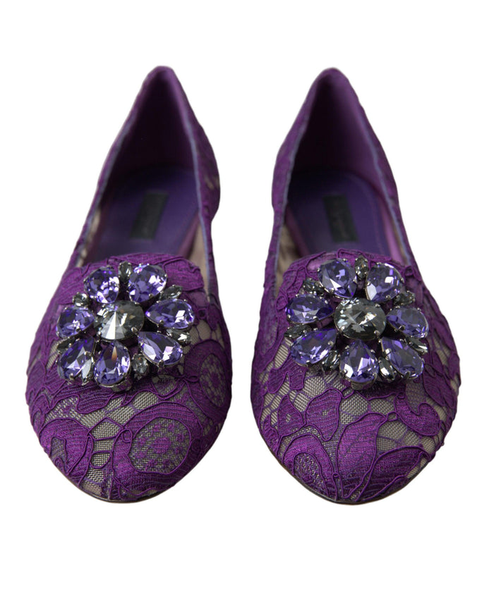 Dolce & Gabbana Purple Vally Taormina Lace Crystals Flats Shoes - Ellie Belle