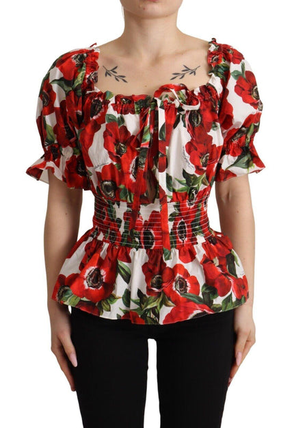 Dolce & Gabbana Red Anemone Print Cotton Short Sleeves Blouse Top - Ellie Belle